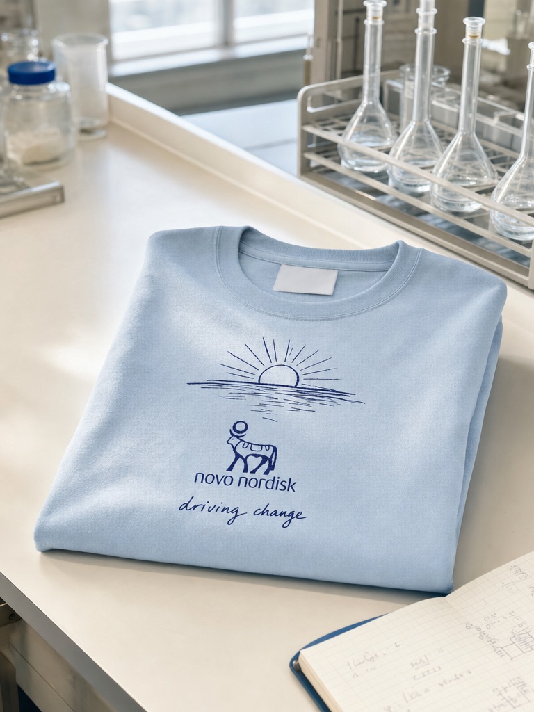 Novo Nordisk t-shirt foldet på bord